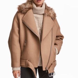 H&M tan wool Moto jacket with faux fur collar
